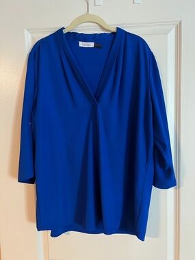 Calvin Klein Cobalt V-Neck Draped Blouse